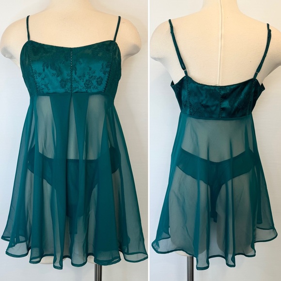 90s Victoria’s Secret Stretch Satin Vintage Green Babydoll Slip Dress 2PC NWT M🔥 - Picture 11 of 11